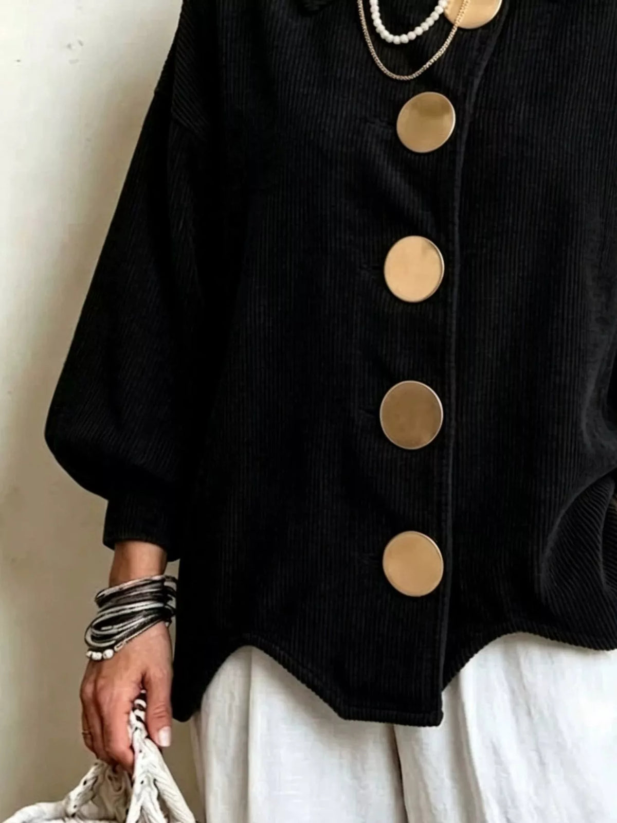 Full Size Corduroy Button-Down Jacket Plus Size - Black - View 6