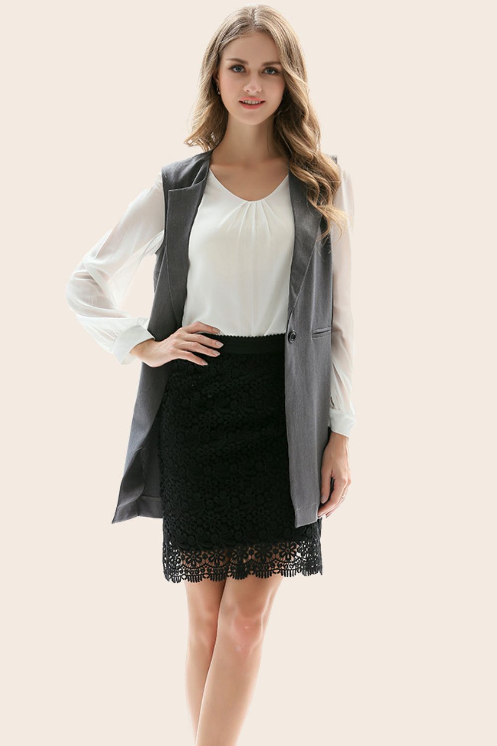 One-Button Sleeveless Longline Blazer - Mid Gray - View 5
