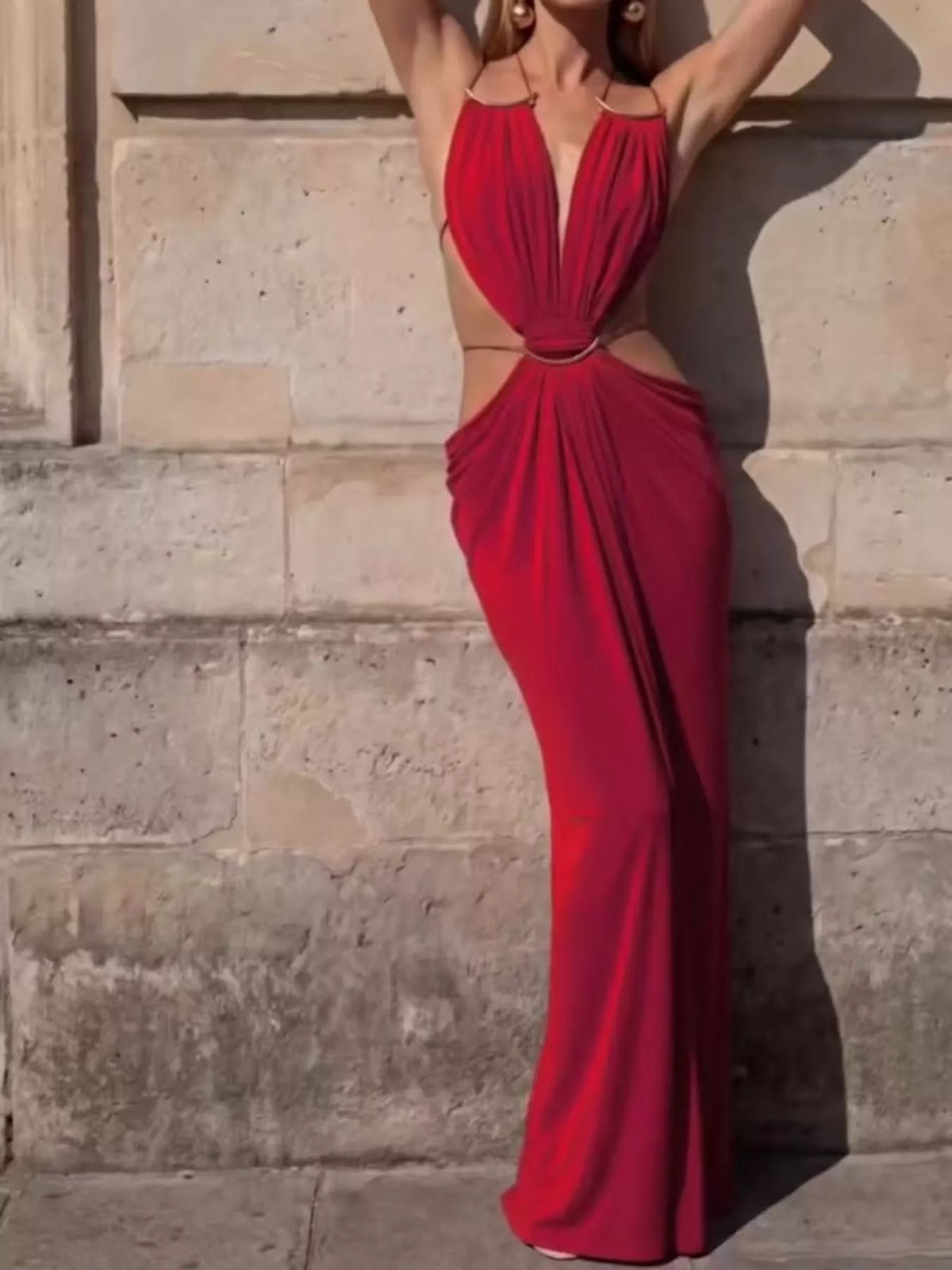 Backless Plunge Cut-Out Maxi Dress - Red - View 5