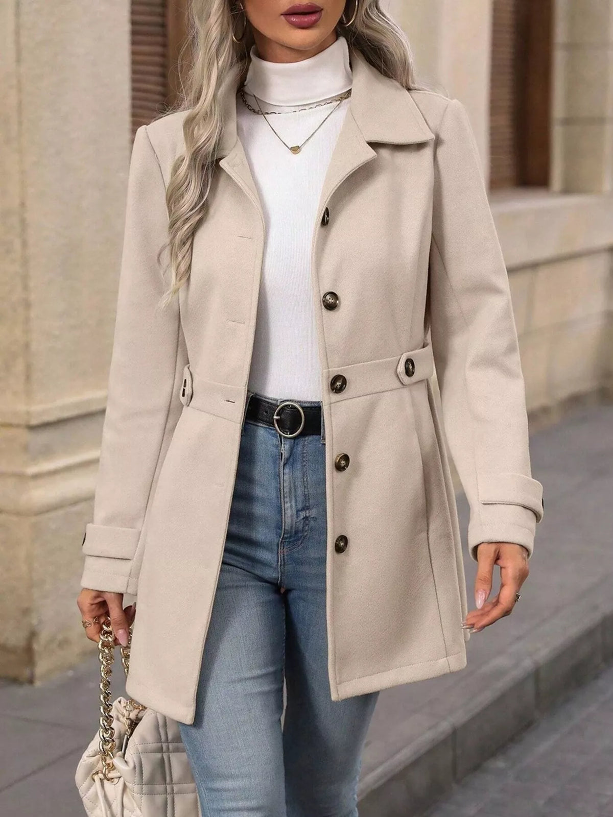 Single-Breasted Long Sleeve Coat - Apricot Color - View 1