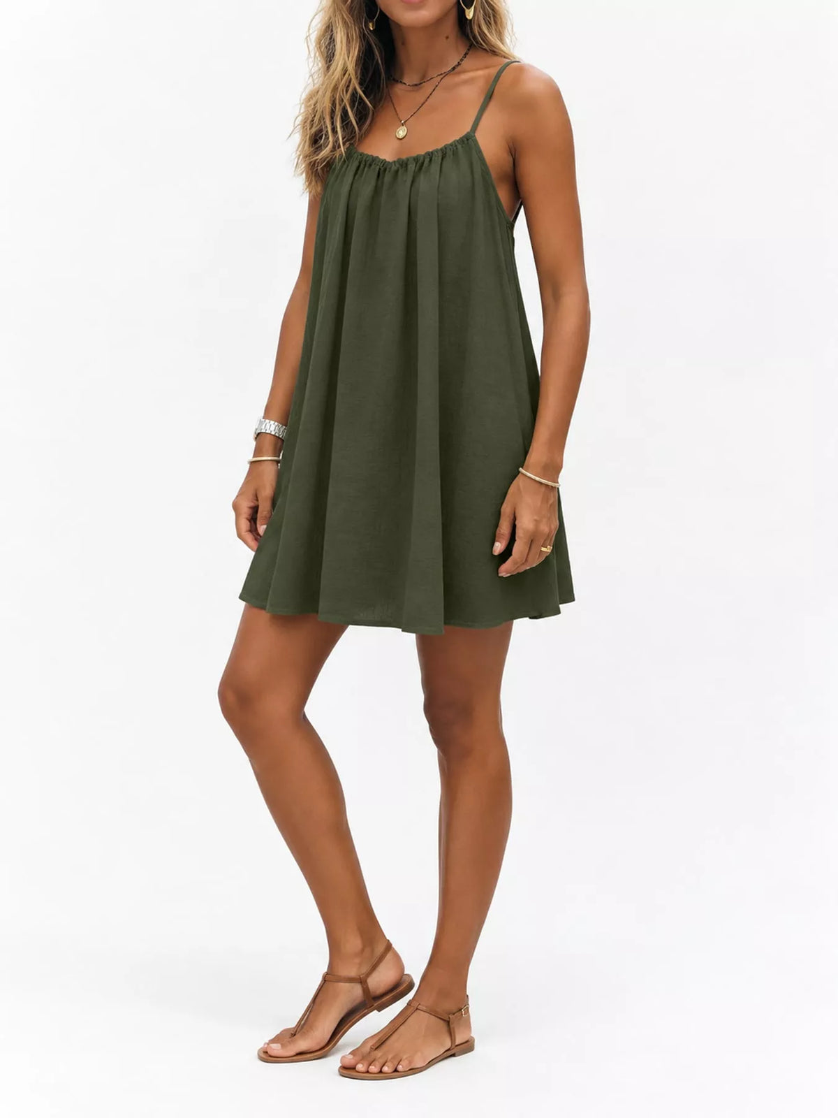 Full Size Backless Spaghetti Strap A-Line Mini Dress Plus Size - Dark Green-Style C - View 121