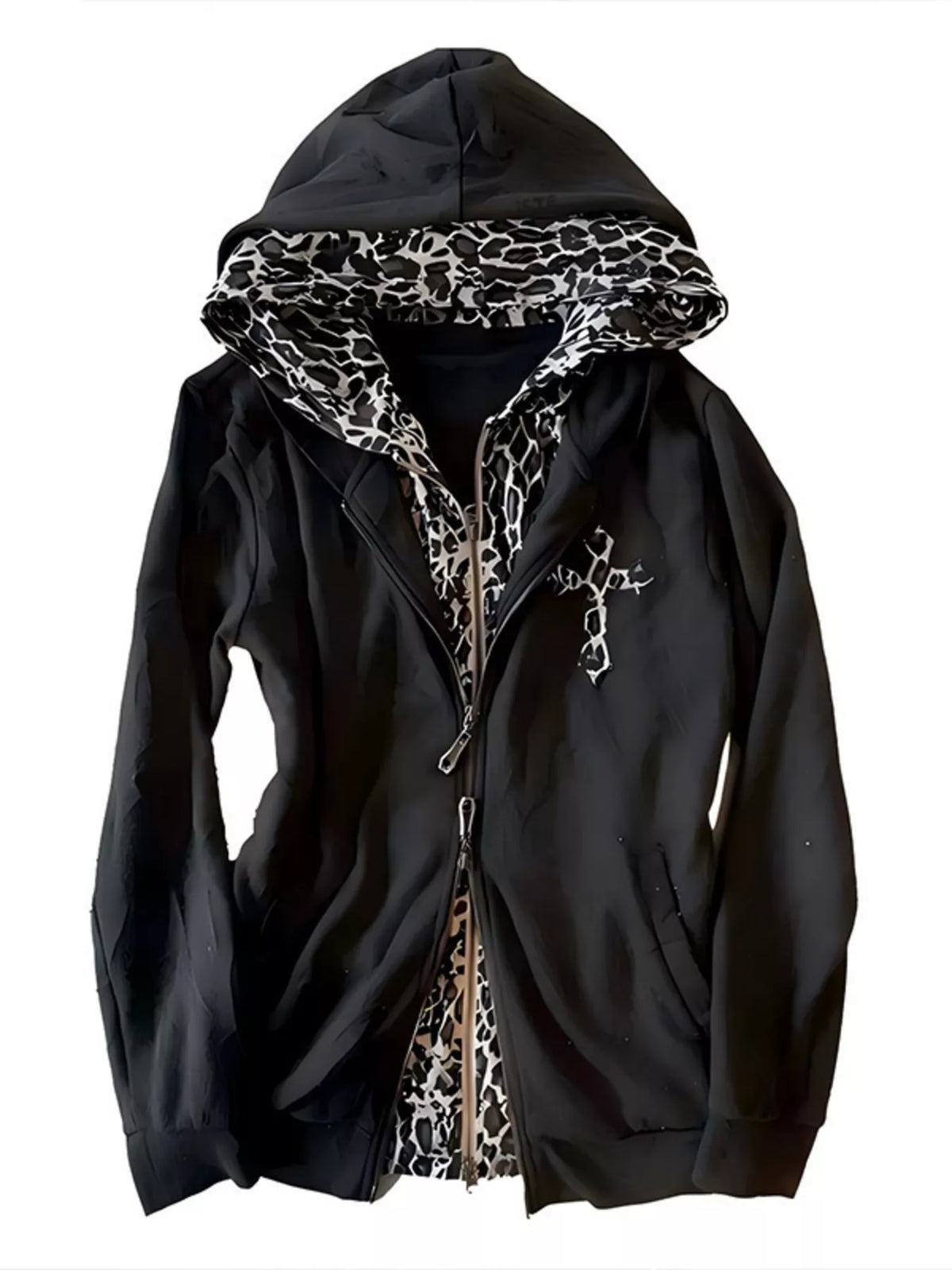 Gothic Cross Leopard Lined Zip-Up Hoodie - Leopard - View 1