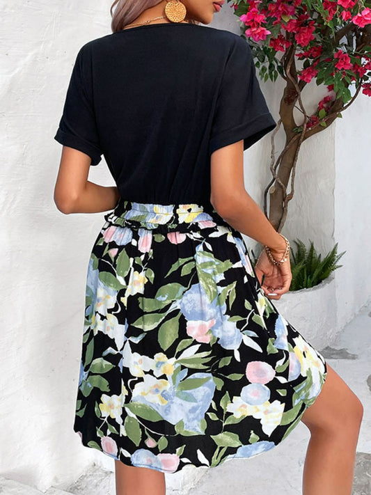 Perfee Two-Tone Round Neck Cuffed Sleeve Dress - Floral - View 2