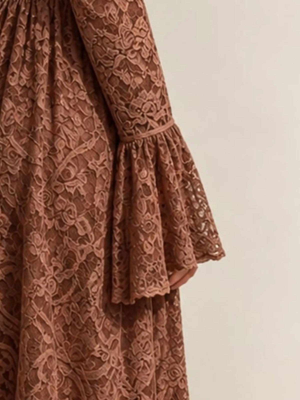 V-Neck Lace Flare Sleeve Maxi Dress - Coffee - View 4