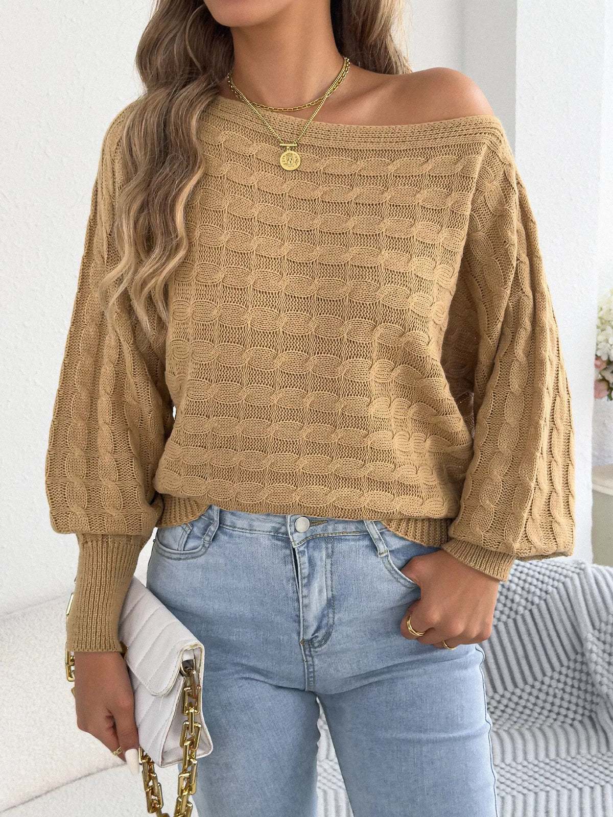 Cable Knit Boat Neck Sweater - Camel - View 5