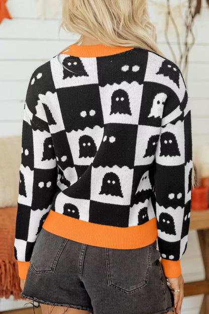 Halloween Ghost Pattern Checkerboard Sweater - Black - View 2