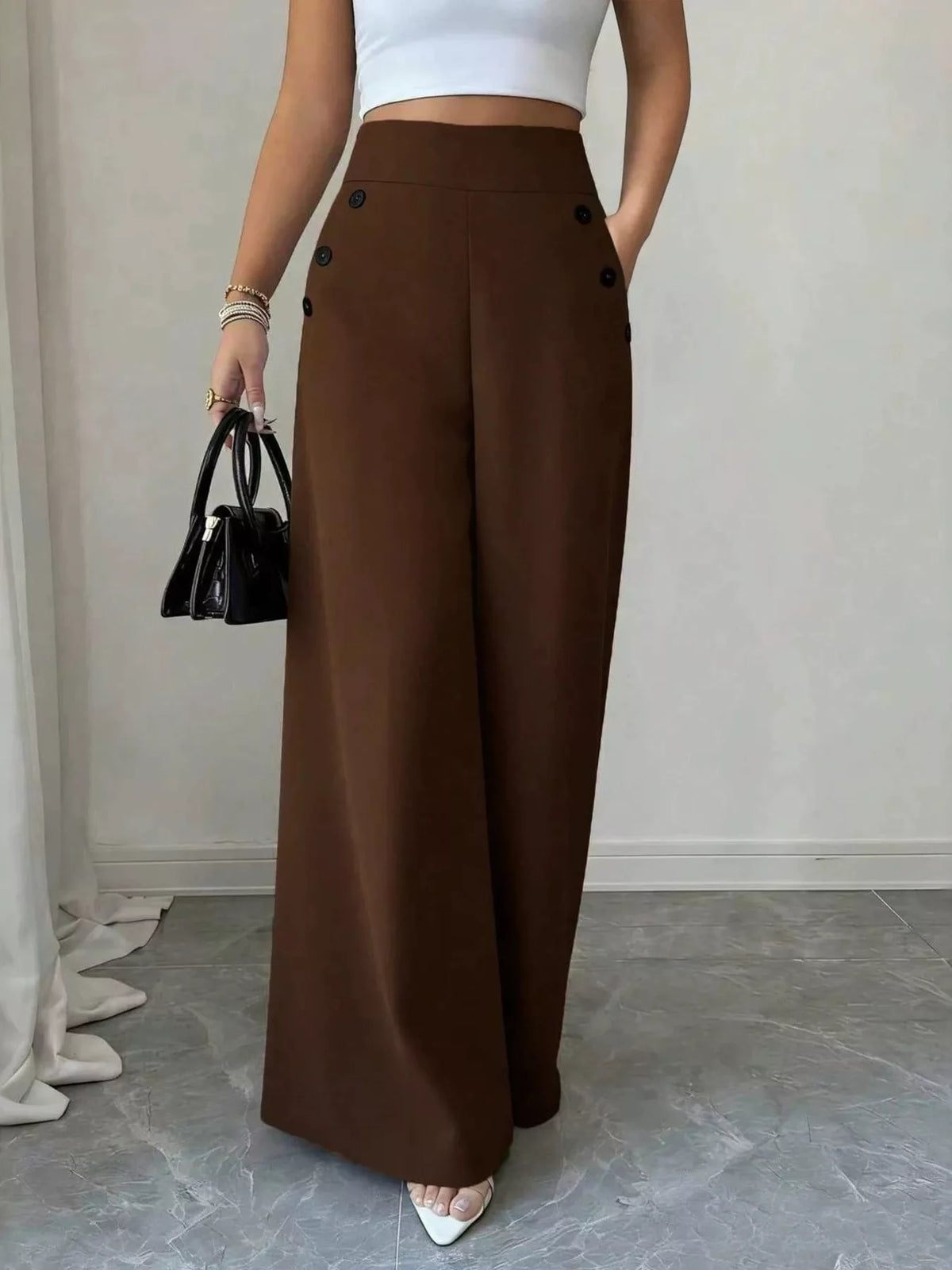 High-Waisted Wide-Leg Pants - Coffee Brown - View 9