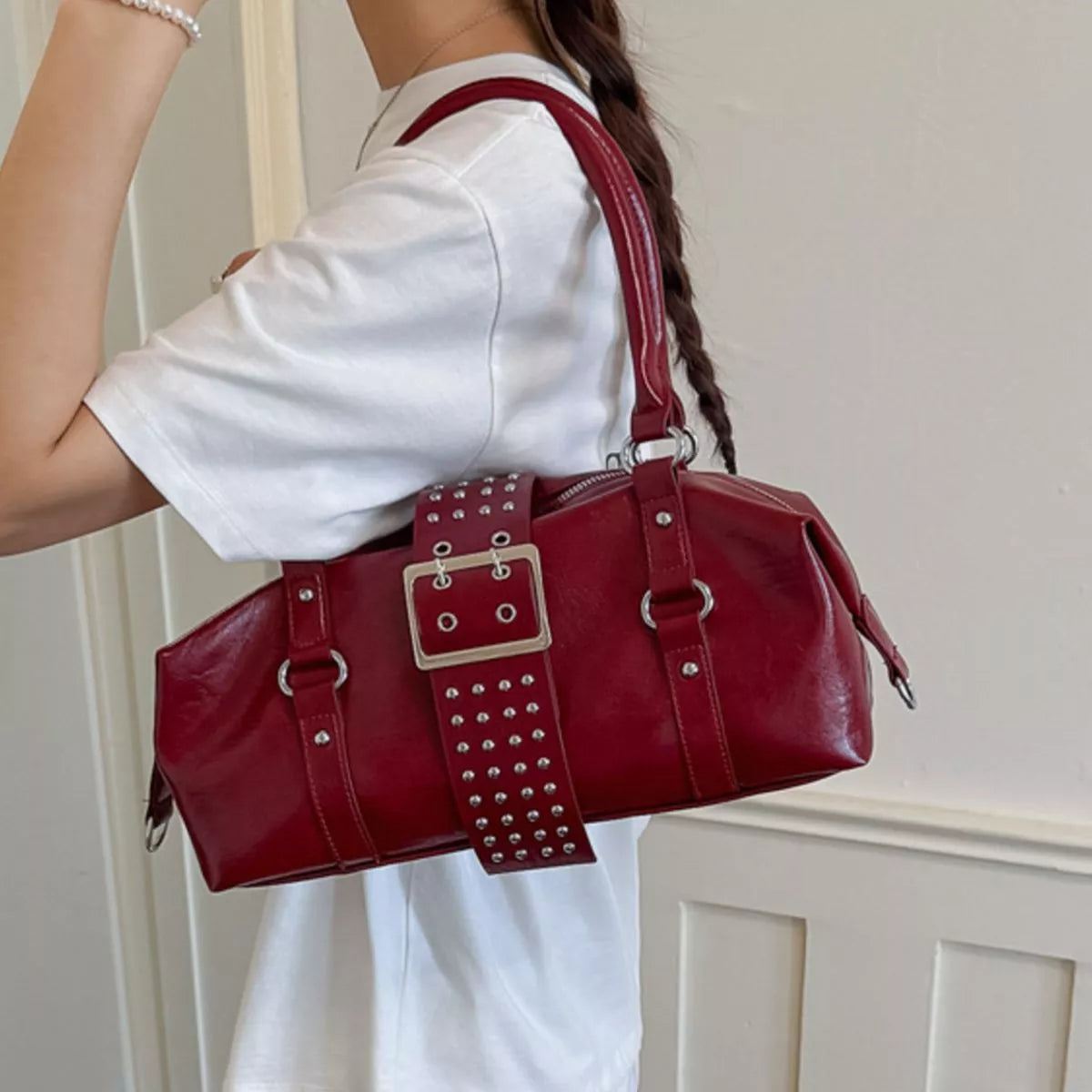 Rivet Embellished Crossbody Bag - Red - View 2