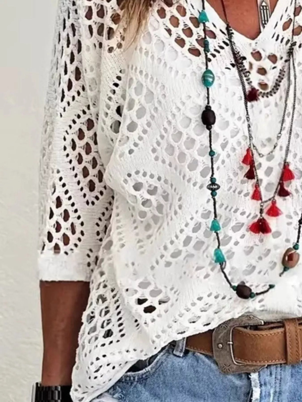Full Size Hollow Out Crochet Knit Cover Up Plus Size - White - View 2