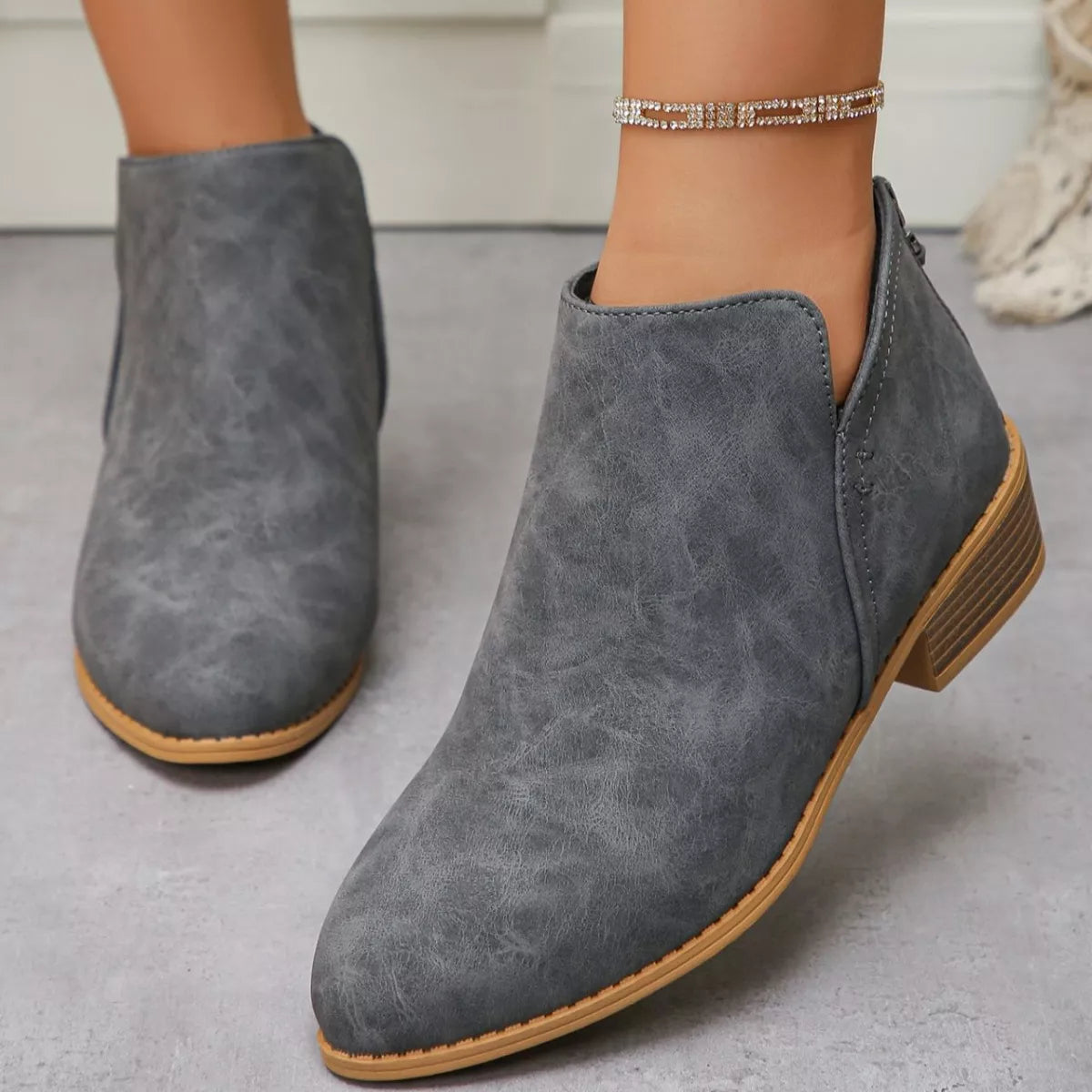 Point Toe Block Heels Boots - Grey - View 8