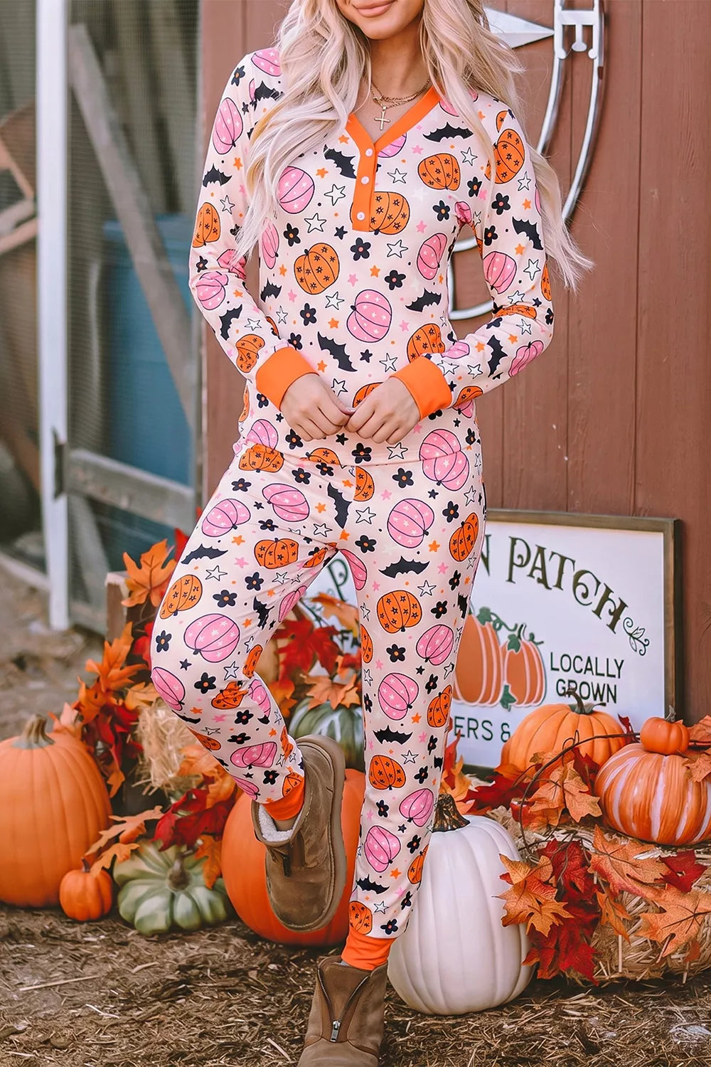 Halloween Pumpkin Print Long Sleeve Home Wear Lounge Set - Dusty Pink - View 4