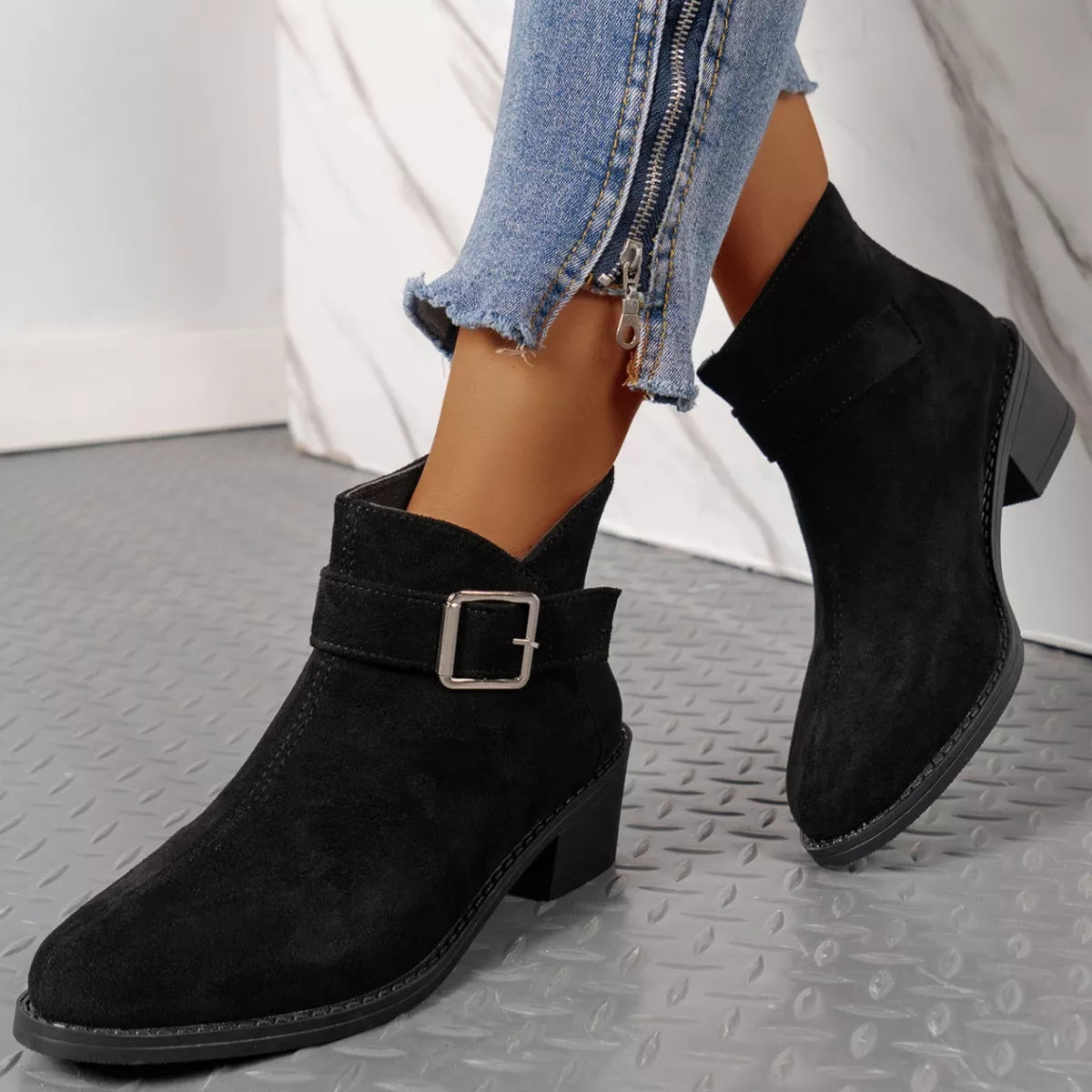 Point Toe Block Heels Boots - Black - View 7