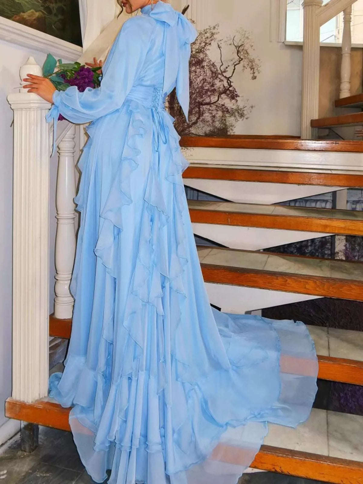 Ruffled Turtleneck Long Sleeve Maxi Dress - Light Blue - View 3