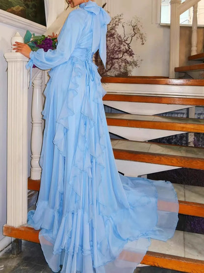Ruffled Turtleneck Long Sleeve Maxi Dress - Light Blue - View 3