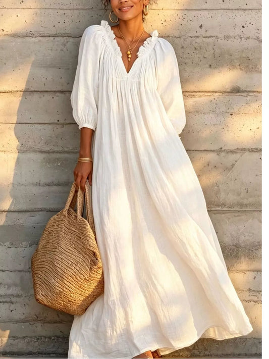 Tiered Notched 3/4 Sleeve Maxi Dress - White - View 1