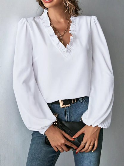 Ruffled Trim V-Neck Blouse - Black - View 5