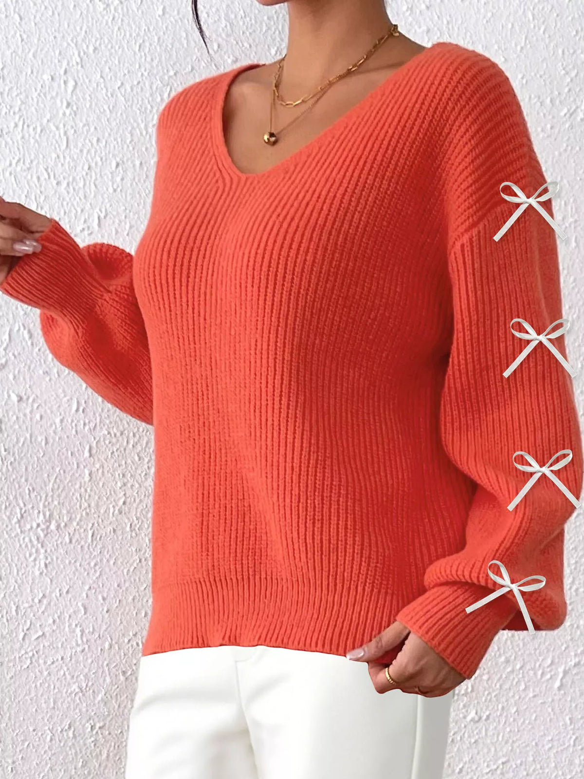Bow-Tie Sleeve V-Neck Sweater - Orange - View 2