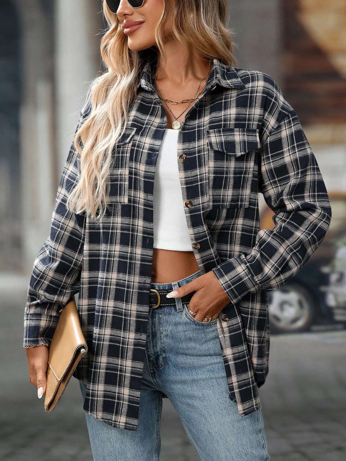 Plaid Button-Down Oversized Shirt - Navy Blue - View 13