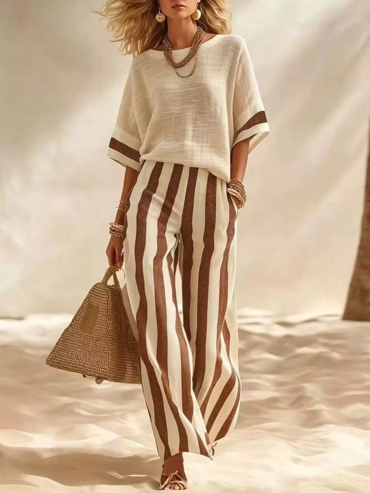 Full Size Striped Half Sleeve Top and Pants Set Plus Size - Caramel - View 1