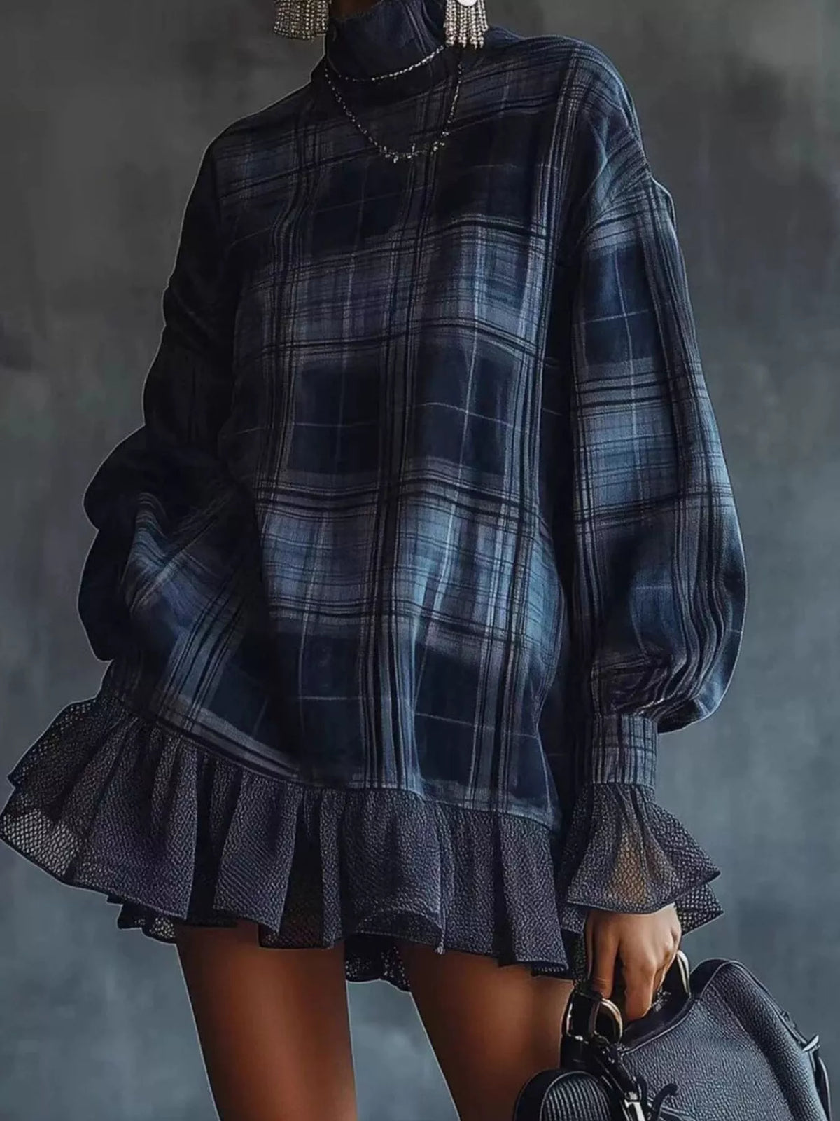 Full Size Plaid High-Neck Ruffled Hem Mini Dress Plus Size - Navy - View 3