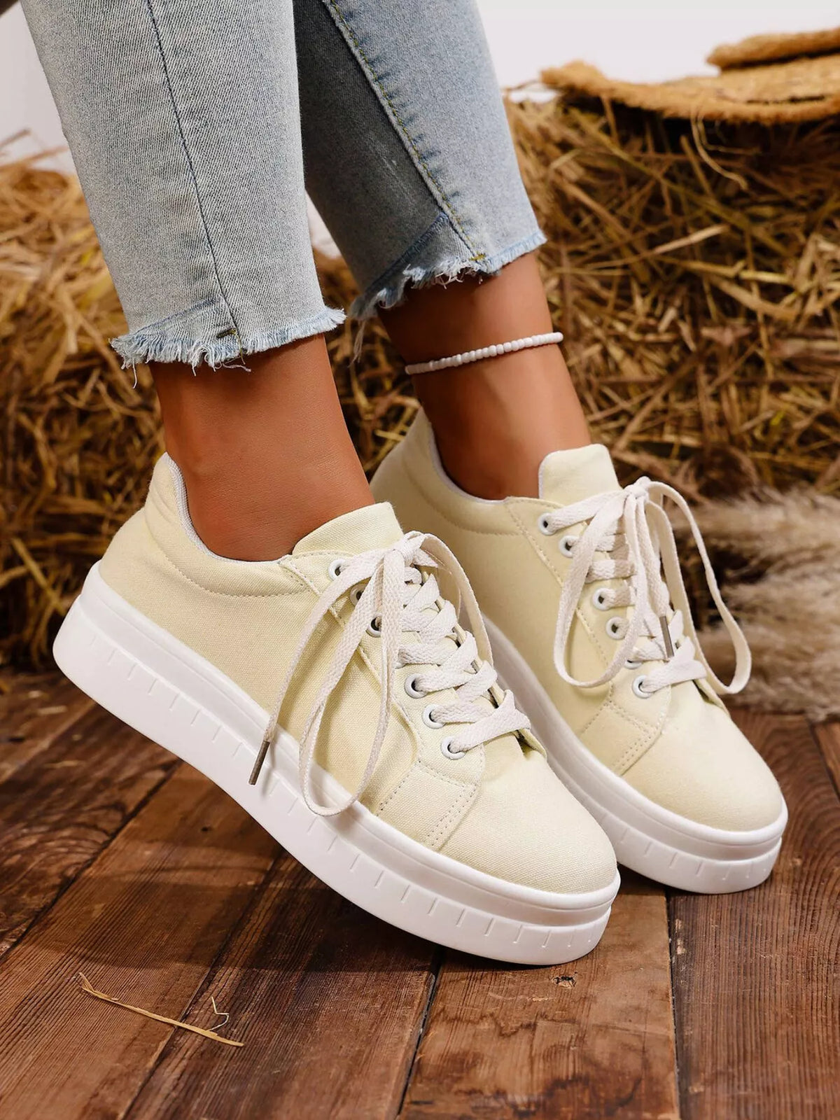 Lace Up Platform Sneakers - Ivory - View 5