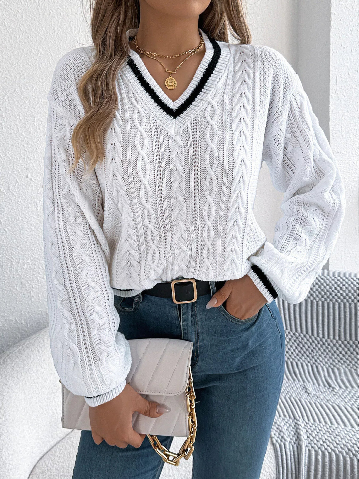 V-Neck Cable Knit Sweater with Striped Trim - White - View 2