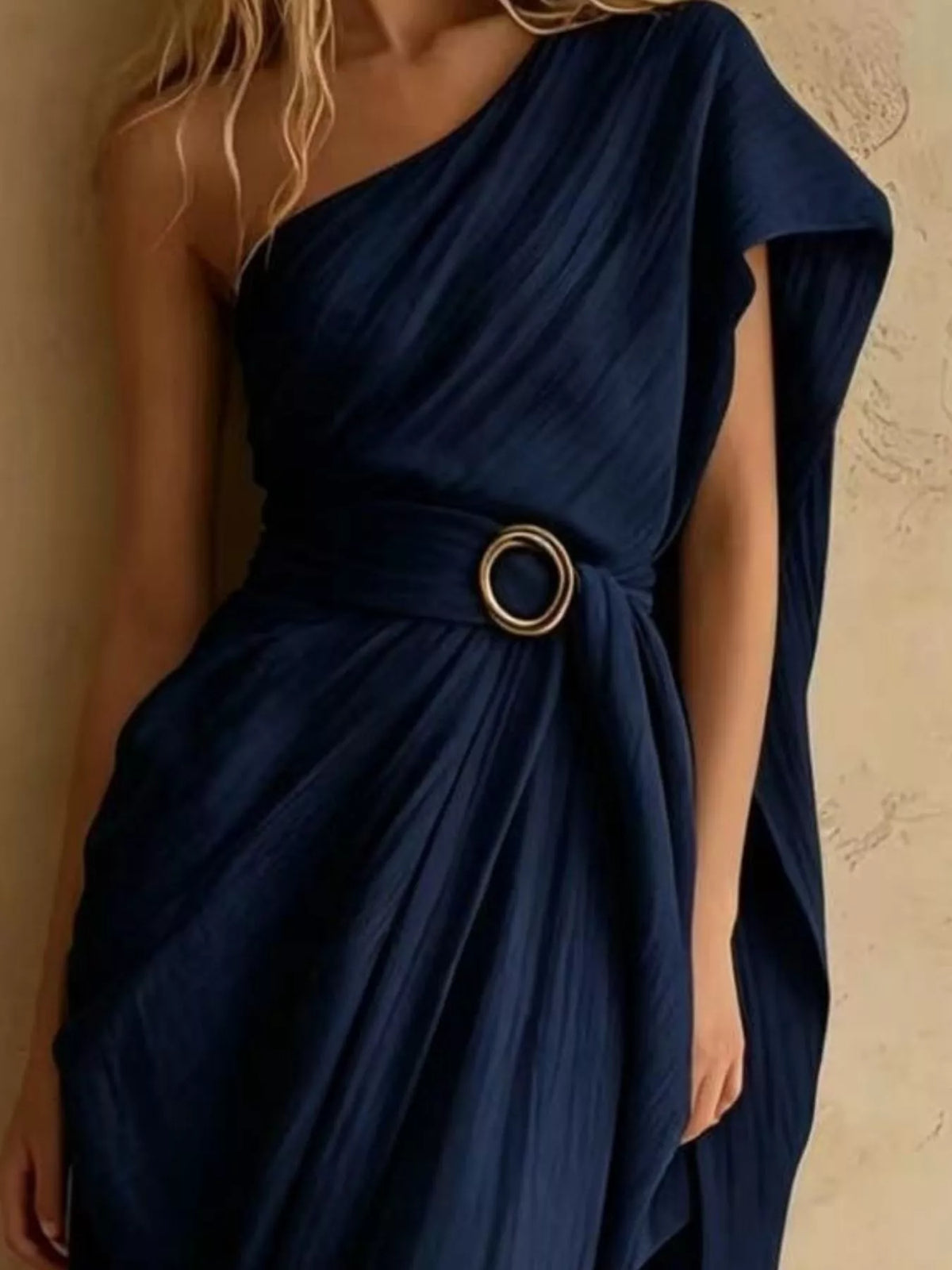 One-Shoulder Draped Maxi Dress with Waist Buckle - Navy Blue - View 2