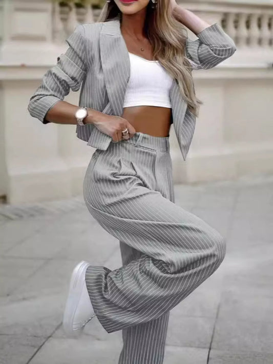 Striped Cropped Blazer and Wide-Leg Pants Two-Piece Set - Light Gray - View 2