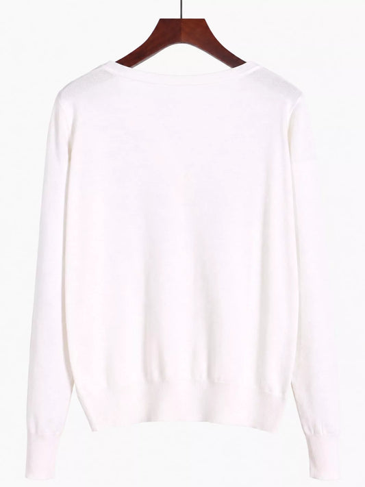 Classic V-Neck Button-Down Knit Cardigan - White - View 2