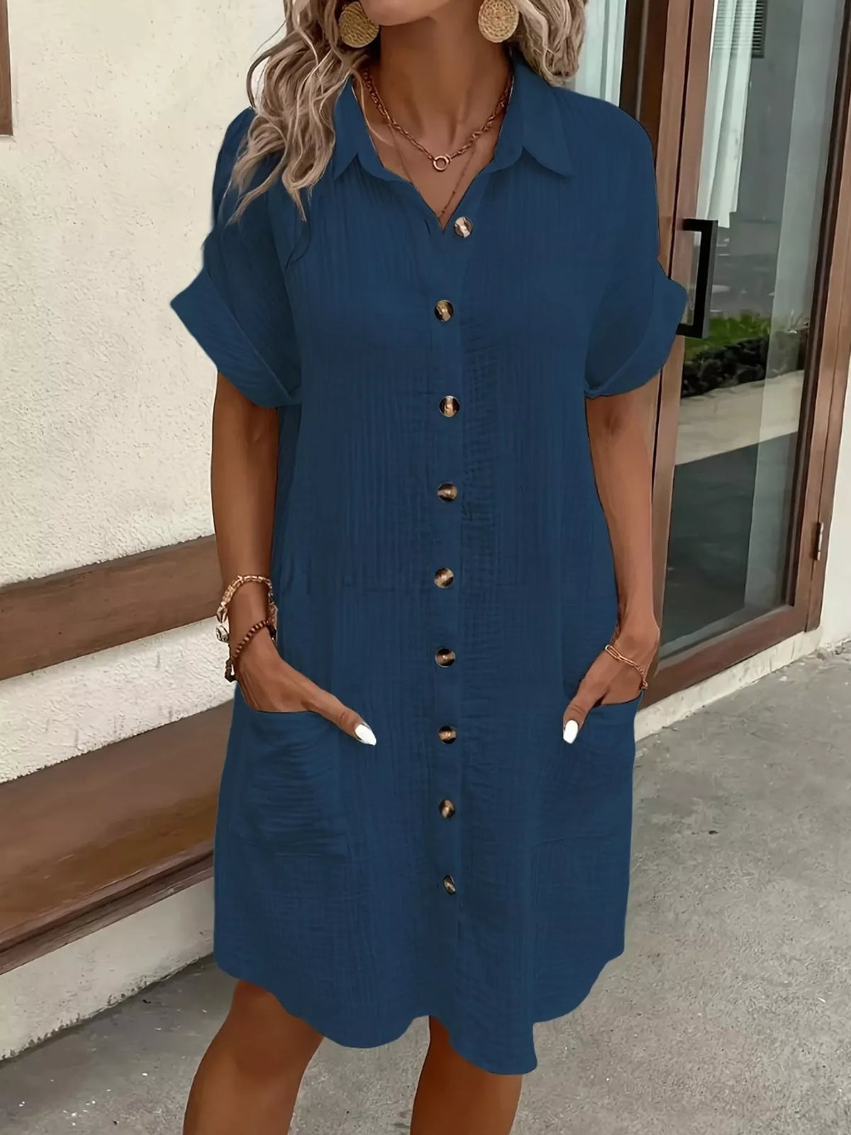 Full Size Button-Down Textured Shirt Dress with Pockets Plus Size - Dark Blue - View 19