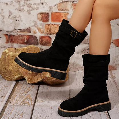 Buckle Accent Slouch Boots - Black - View 1