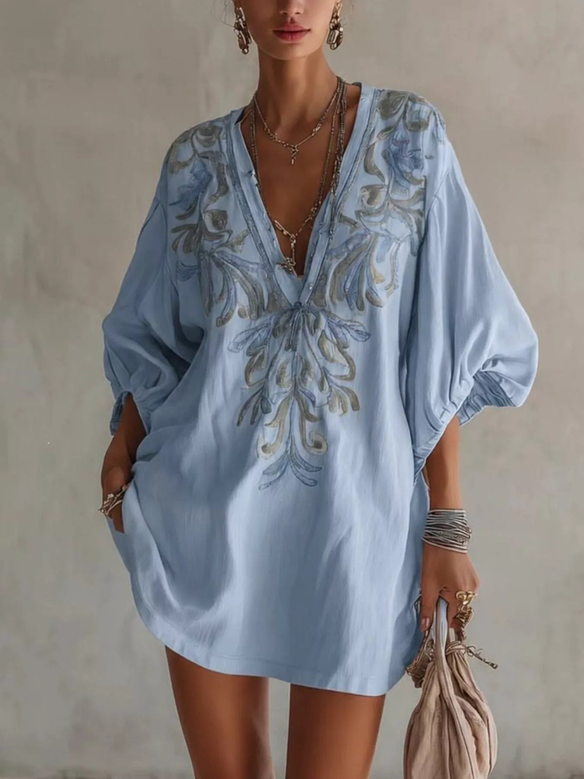Full Size Embroidered V-Neck Mini Dress Plus Size - Light Blue - View 1