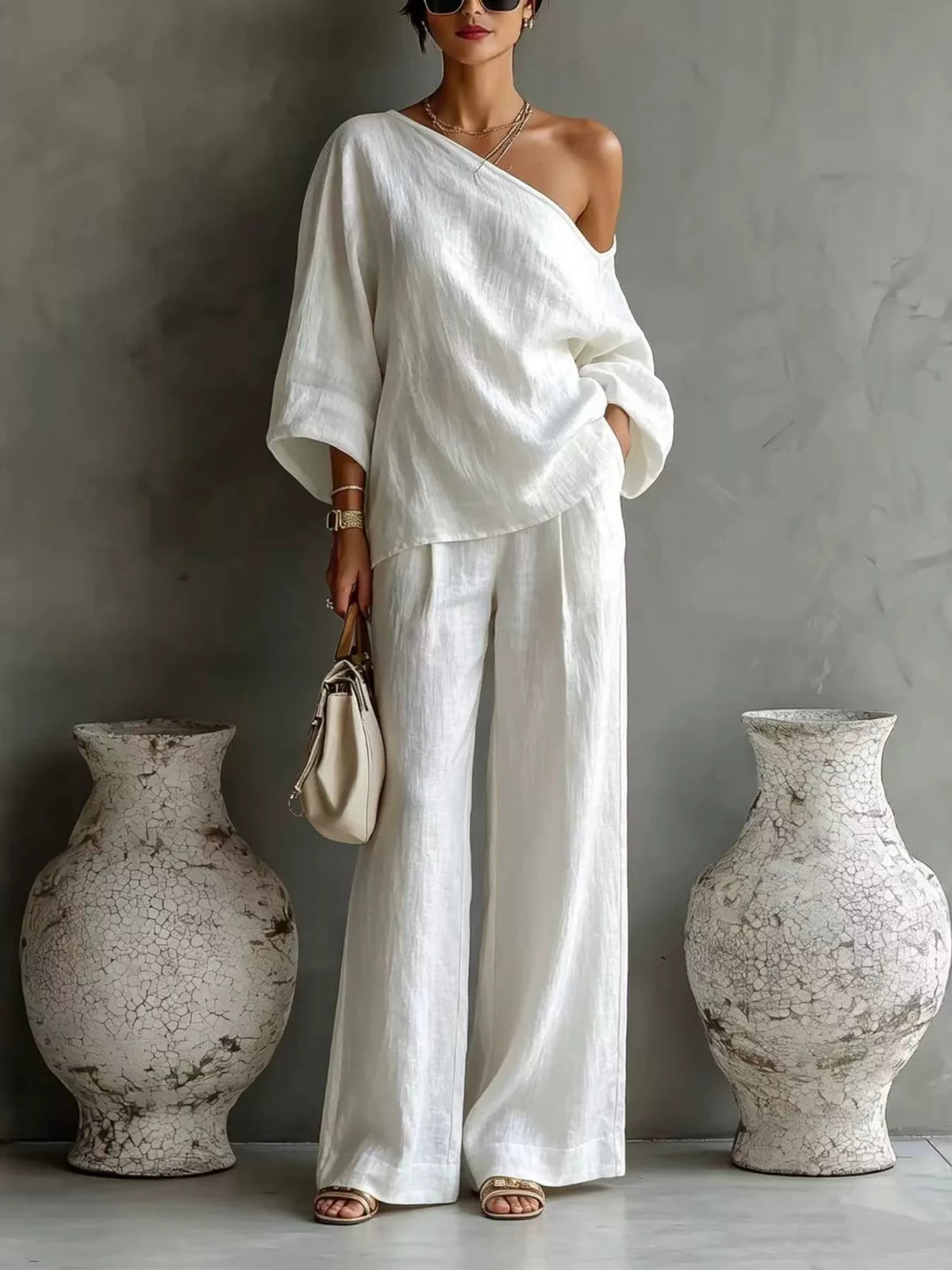 One Shoulder Top and Wide Leg Pants Set - White - View 1