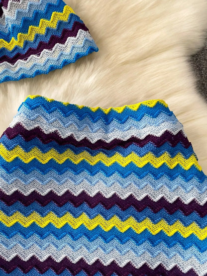 Striped Knitted Halter Top and Maxi Skirt Set - Cerulean - Maxi Skirt Waistband View