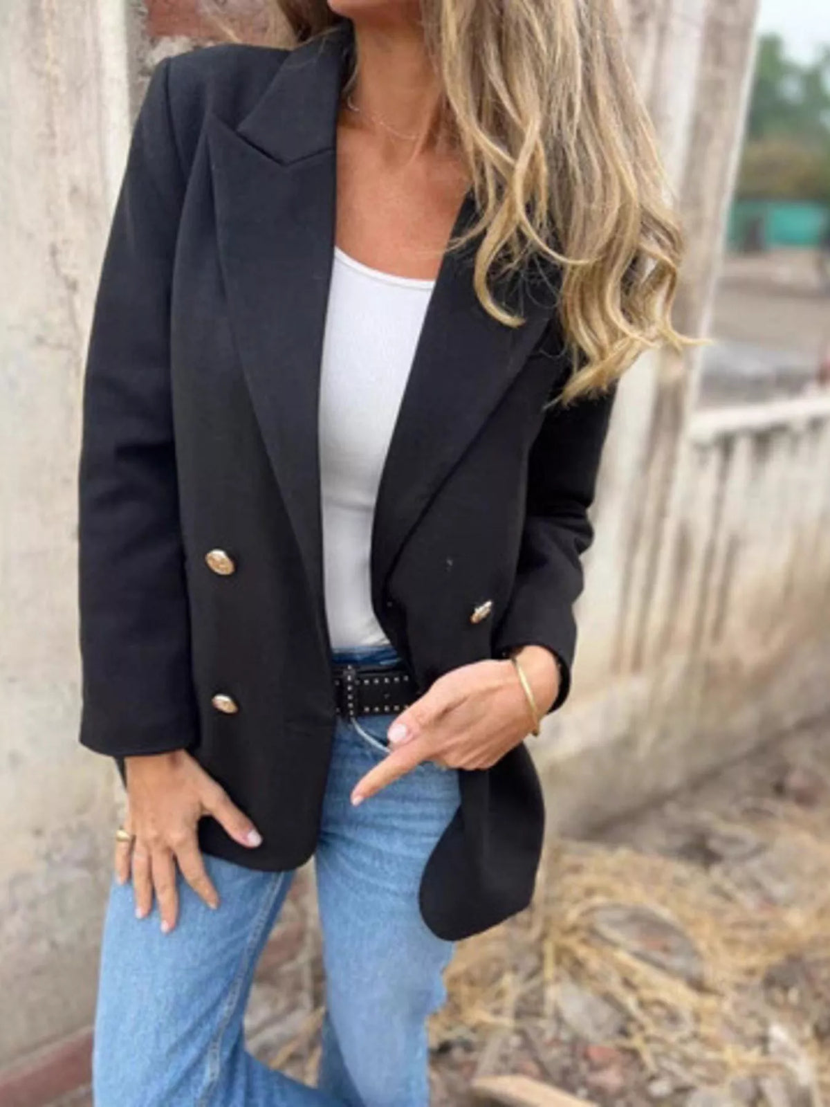 Full Size Double Breasted Long Sleeve Blazer Plus Size - Black - View 4