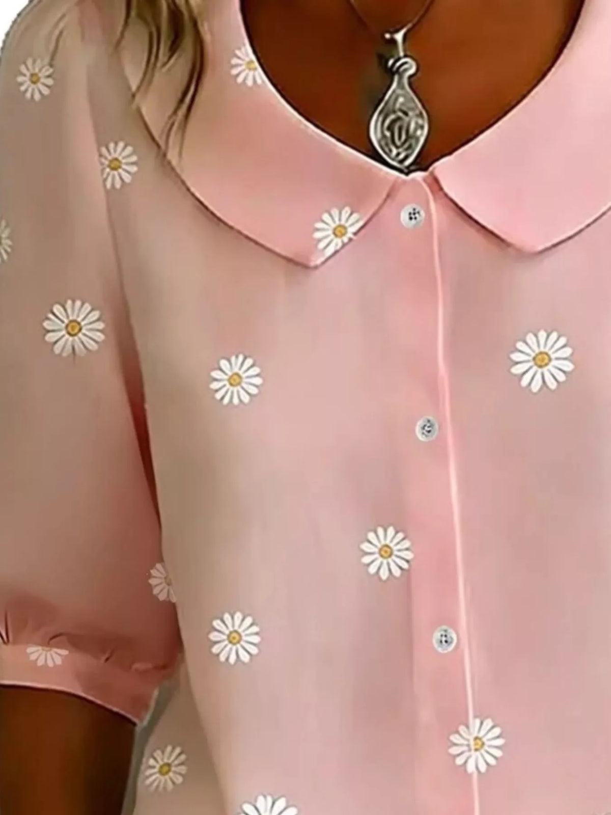 Daisy Print Peter Pan Collar Button-Down Shirt - Blush Pink - View 2