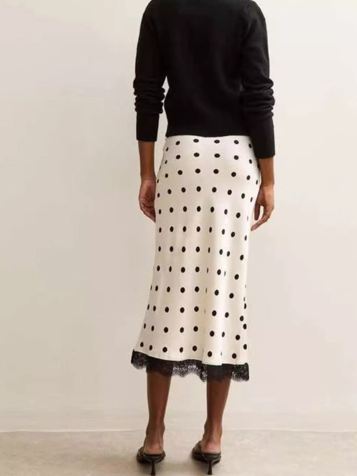 Polka Dot Midi Skirt with Lace Trim - White - View 4