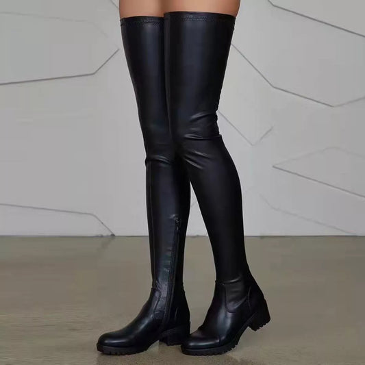 Over-the-Knee Block Heels Boots - Black - View 1
