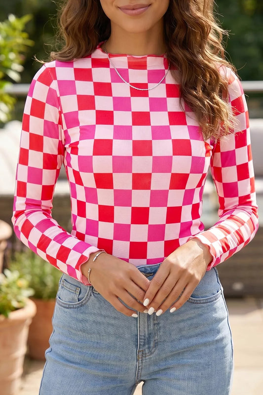 Plaid Heart Mesh Sheer Long Sleeve High Neck Top - product photo 1