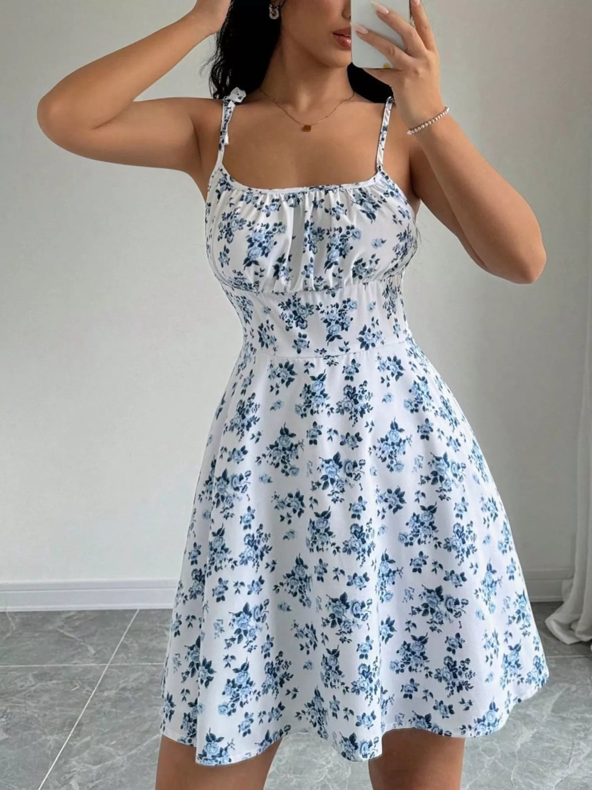 Floral Print Spaghetti Strap A-Line Mini Dress - White - View 4