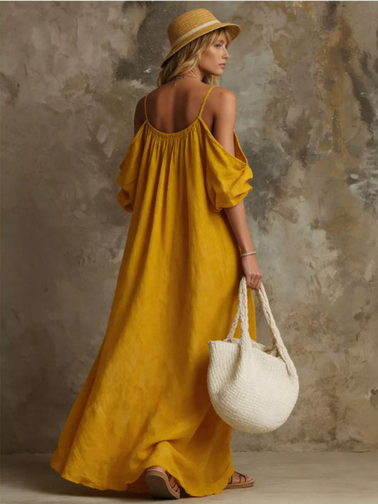 Full Size Cold-Shoulder Linen Maxi Dress Plus Size - Mustard - View 2