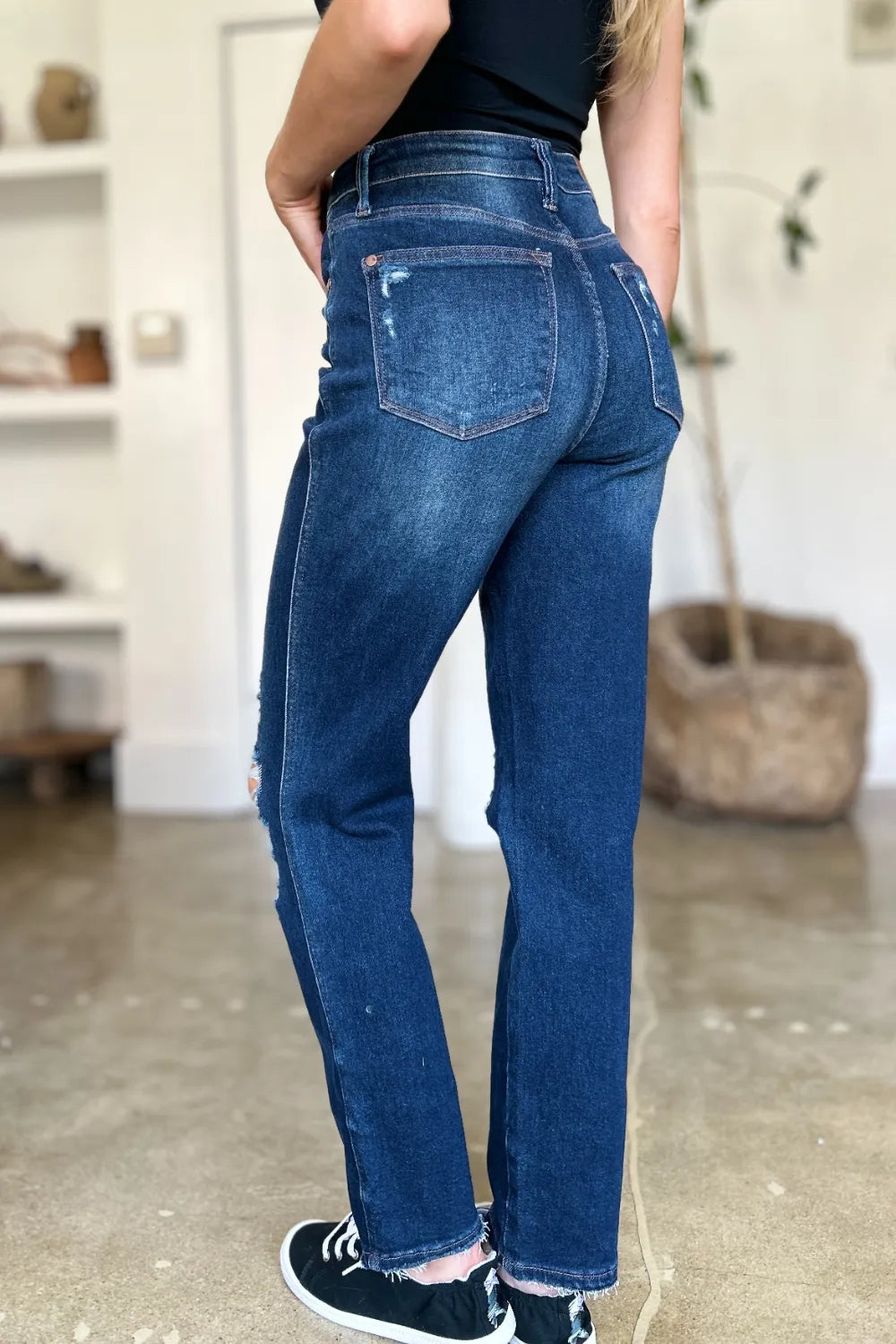 Judy Blue Full Size High Waist Rigid Magic Heavy Destroy Straight Jeans - Dark - View 11
