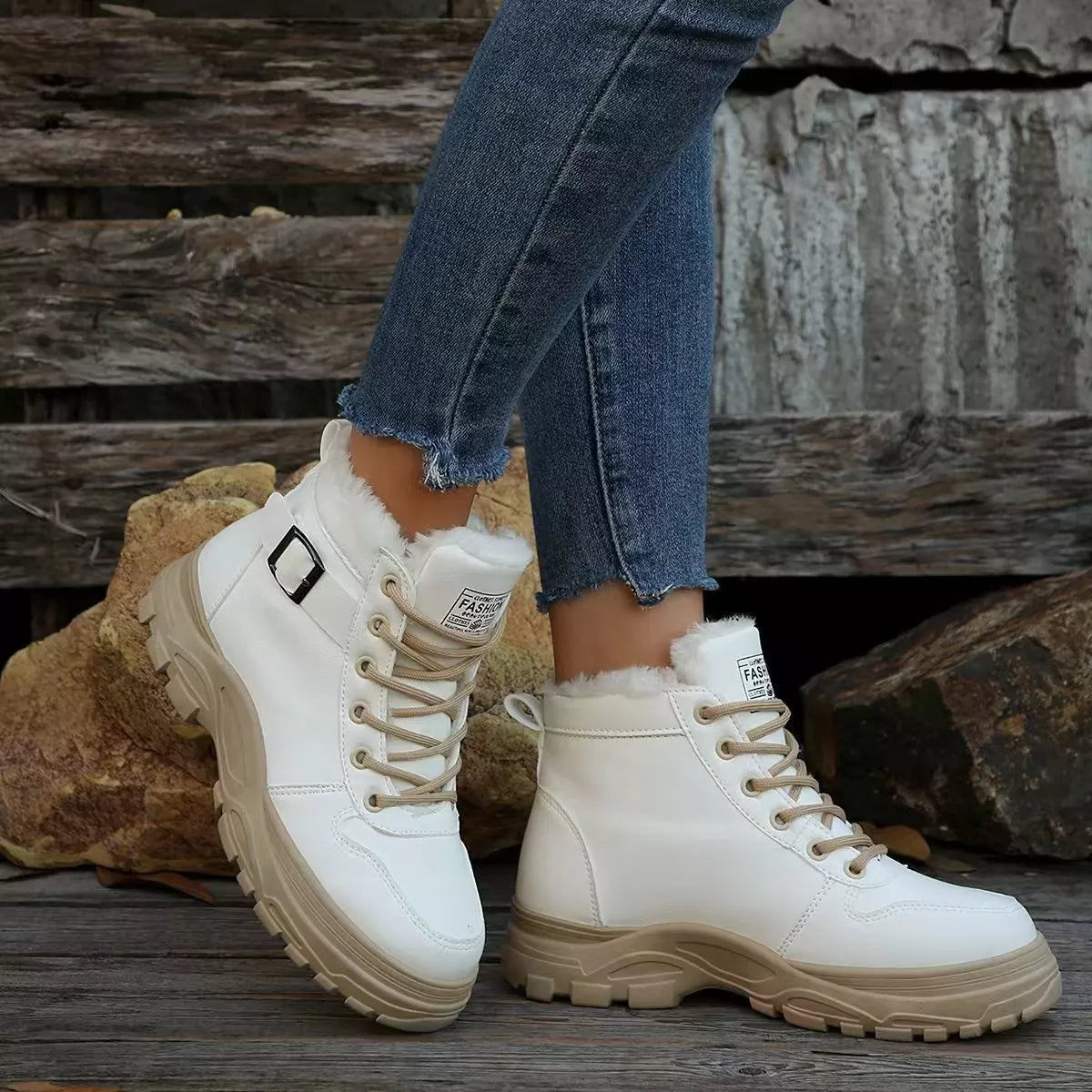 Lace-Up Ankle Boots with Buckle Detail - White - View 2