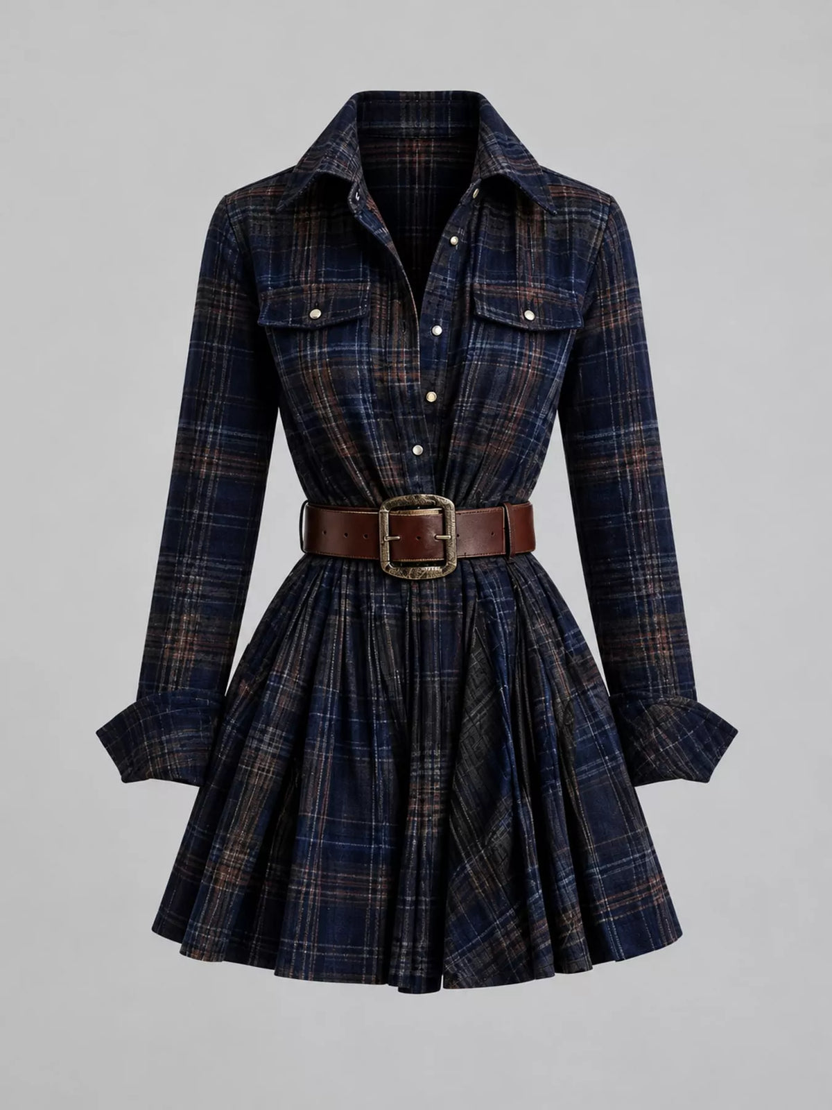 Plaid Long-Sleeve Shirt Dress - Dark Blue (with Belt) - View 9