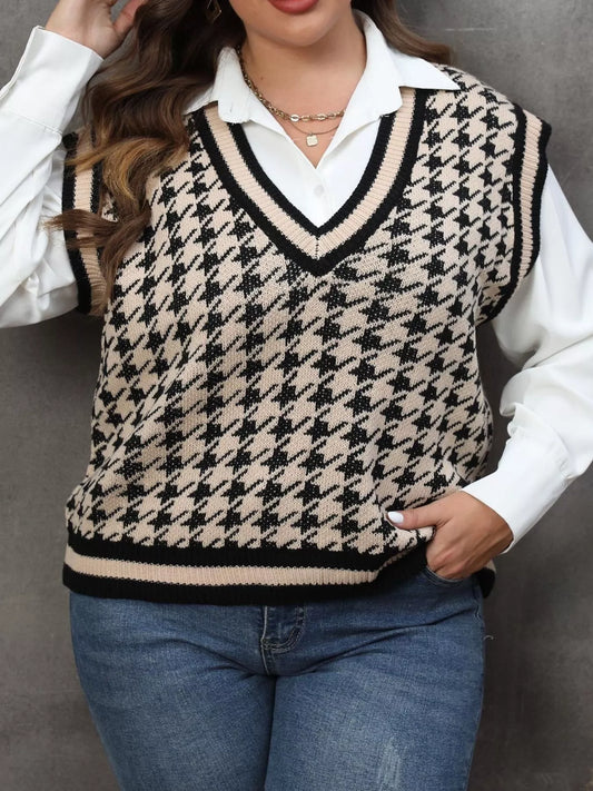 Plus Size Houndstooth V-Neck Knit Sweater Vest - Apricot - View 1