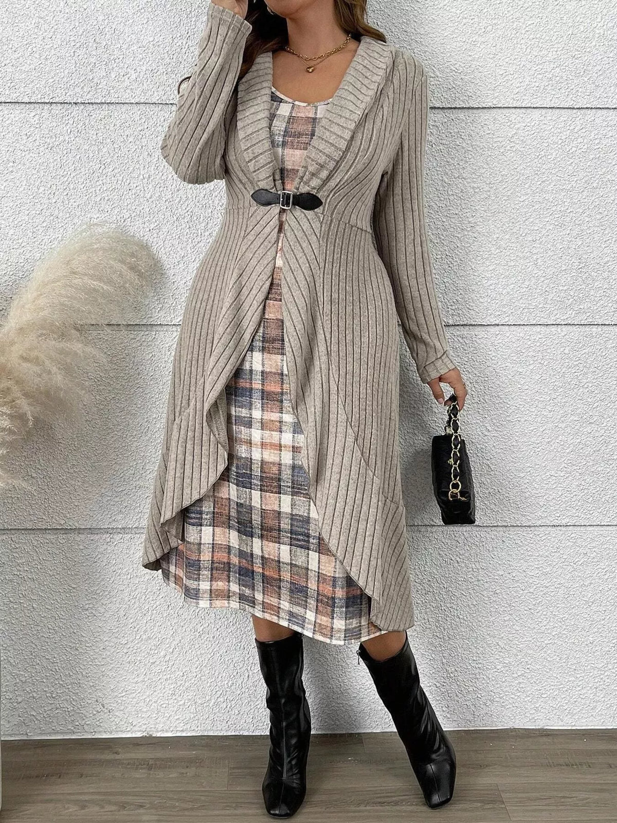Full Size Ribbed Knit Cardigan and Plaid Dress Two-Piece Set Plus Size - Light Gray - View 1
