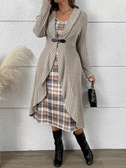 Full Size Ribbed Knit Cardigan and Plaid Dress Two-Piece Set Plus Size - Light Gray - View 1