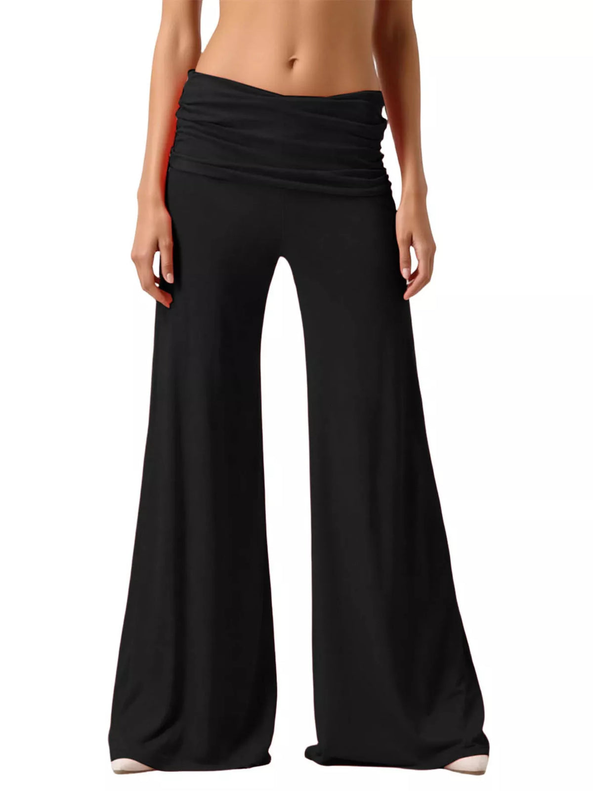 High-Waisted Fold-Over Wide Leg Active Pants - Black - View 1