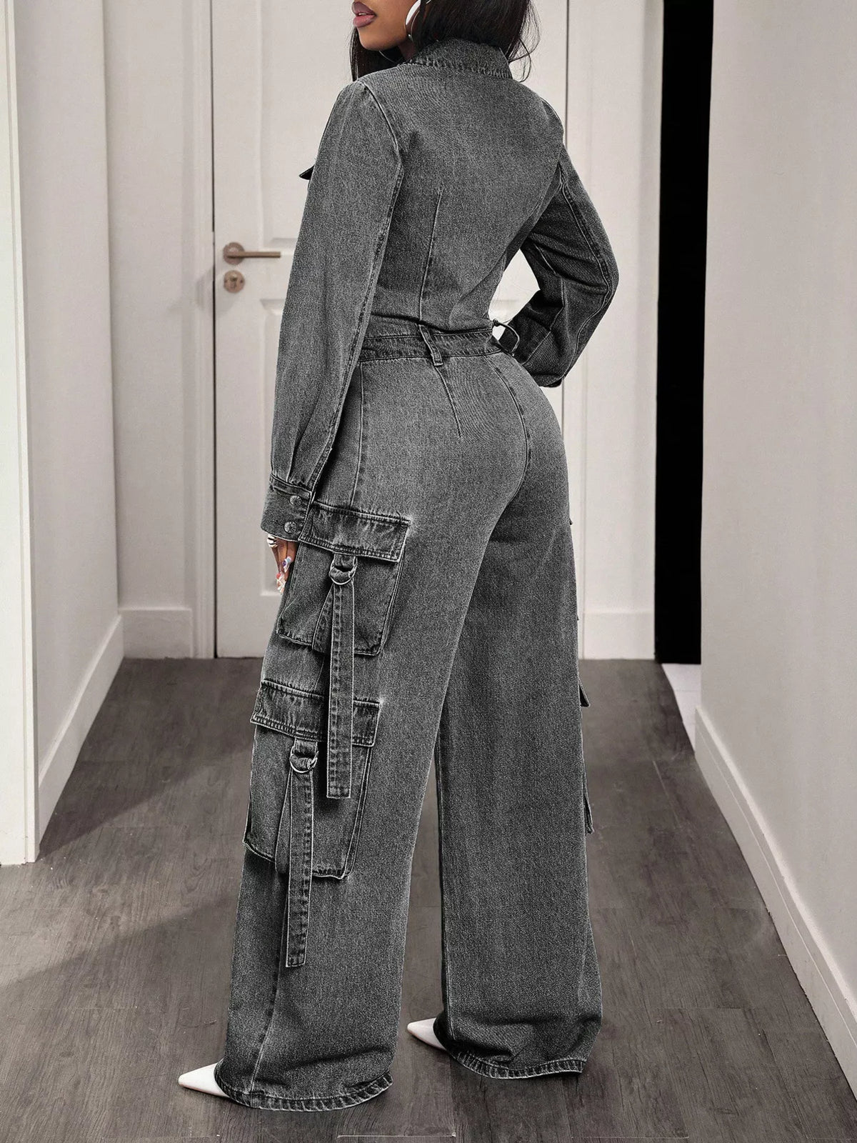 Zip Front Wide Leg Cargo Denim Jumpsuit - Gray - View 6