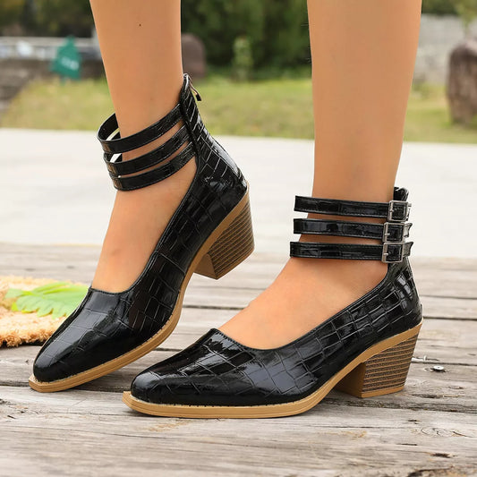 Point Toe Block Heels Pumps - Black - View 1